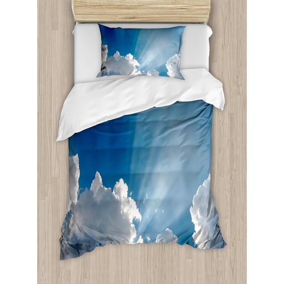 Ambesonne Blue White Duvet Cover Set, Sky Clouds Sun Rays, Twin, Blue White