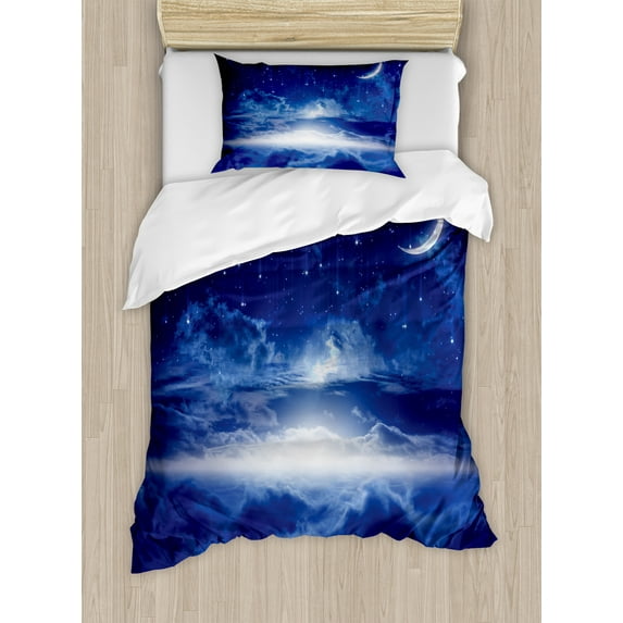 Ambesonne Blue White Duvet Cover Sets, Night Sky Moon Stars, 2-Twin, Navy Blue and White