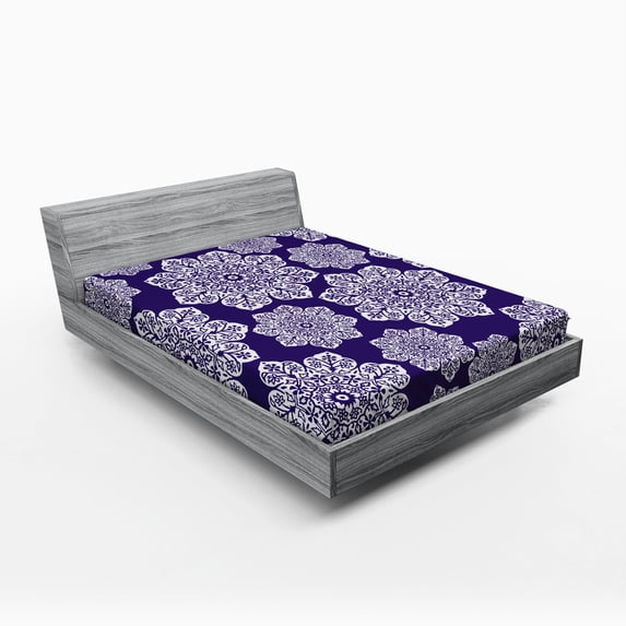 Ambesonne Blue White Fitted Sheet, Flora Lace Snowflake, Queen Size, Blue White