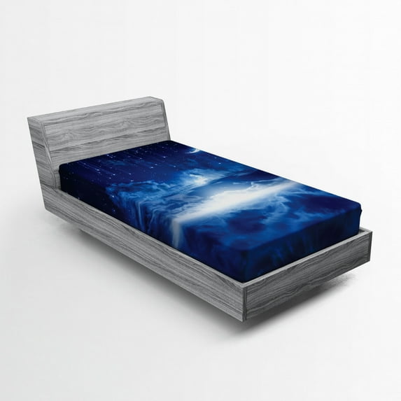 Ambesonne Blue White Fitted Sheet, Night Sky Moon Stars, Twin Size, Navy Blue and White