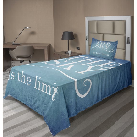Ambesonne Blue White Fitted & Top Sheet Set with Sham, Typography Message, Blue White