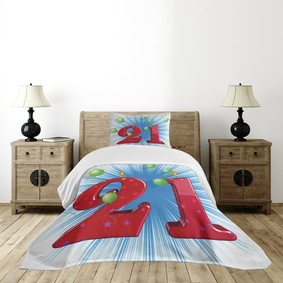Ambesonne Blue White Quilted Bedspread Set 2 Pcs, Abstract Balloons, Twin Size, Pale Green and Red