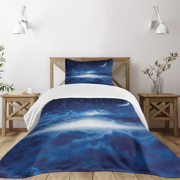 Ambesonne Blue White Quilted Bedspread Set 2 Pcs, Night Sky Moon Stars, Twin Size, Navy Blue and White