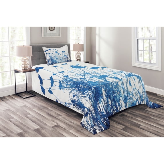Ambesonne Blue White Quilted Bedspread Set 2 Pcs, Wildflowers Blooms, Twin Size, White Blue