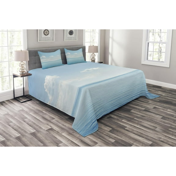 Ambesonne Blue White Quilted Bedspread Set 3 Pcs, Tropical Landscape, King Size, Blue White