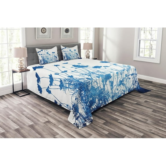 Ambesonne Blue White Quilted Bedspread Set 3 Pcs, Wildflowers Blooms, King Size, White Blue
