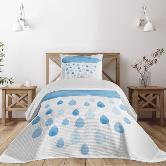 Ambesonne Blue White Quilted Coverlet 2 Pcs, Rain Drops and Cloud, Twin Size, Blue White