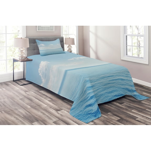 Ambesonne Blue White Quilted Coverlet 2 Pcs, Tropical Landscape, Twin Size, Blue White