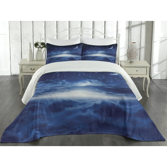 Ambesonne Blue White Quilted Coverlet 3 Pcs, Night Sky Moon Stars, Queen Size, Navy Blue and White