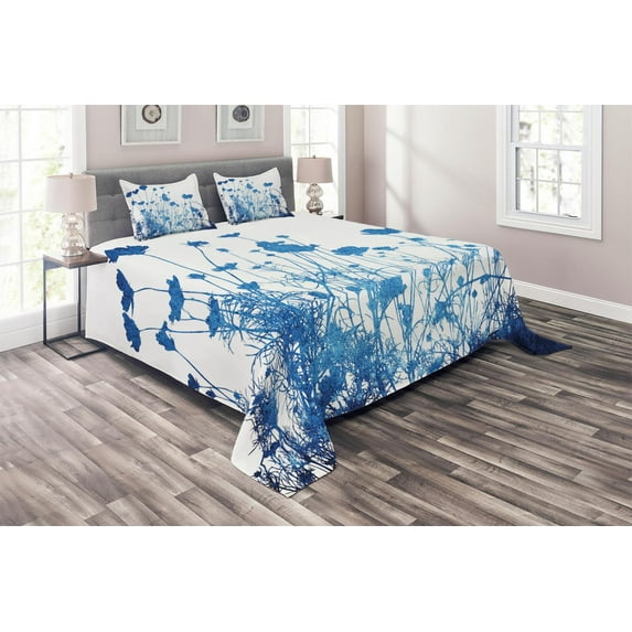 Ambesonne Blue White Quilted Coverlet 3 Pcs, Wildflowers Blooms, Queen Size, White Blue