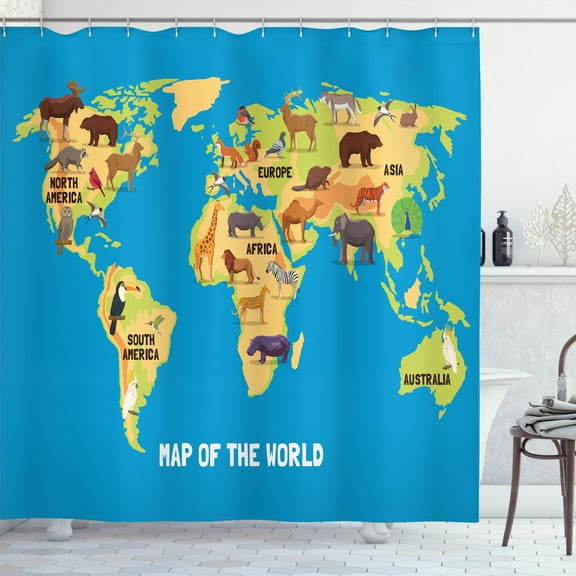 Ambesonne Blue White Shower Curtain, Flat Map of World, 69"Wx70"L, Blue Pale Orange Brown