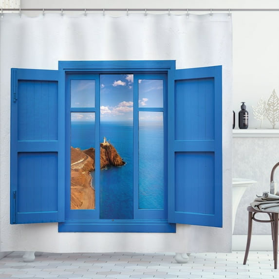 Ambesonne Blue White Shower Curtain, Mountain Ocean Sea, 69"Wx70"L, White Blue