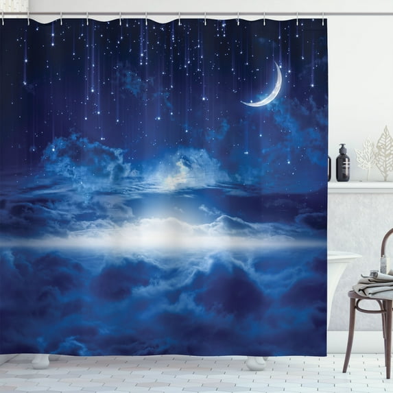 Ambesonne Blue White Shower Curtain, Night Sky Moon Stars, 69"Wx84"L, Navy Blue and White