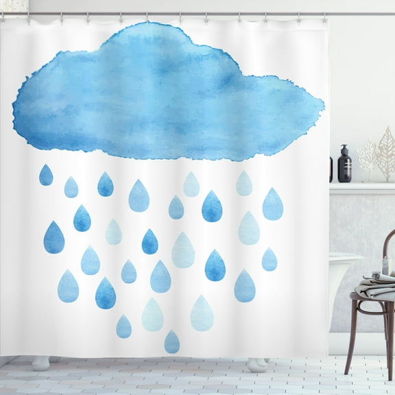 Ambesonne Blue White Shower Curtain, Rain Drops and Cloud, 69"Wx70"L, Blue White