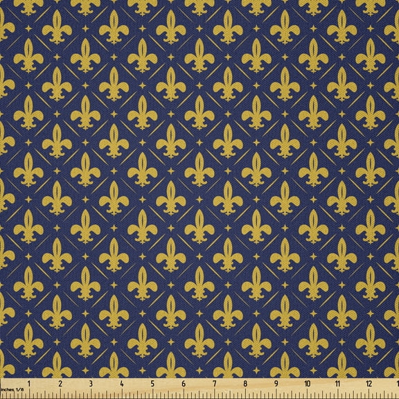 Ambesonne Blue Yellow Vintage Fabric by the Yard Microfiber, Fleur de Lis, 1 Yard, Night Blue and Earth Yellow