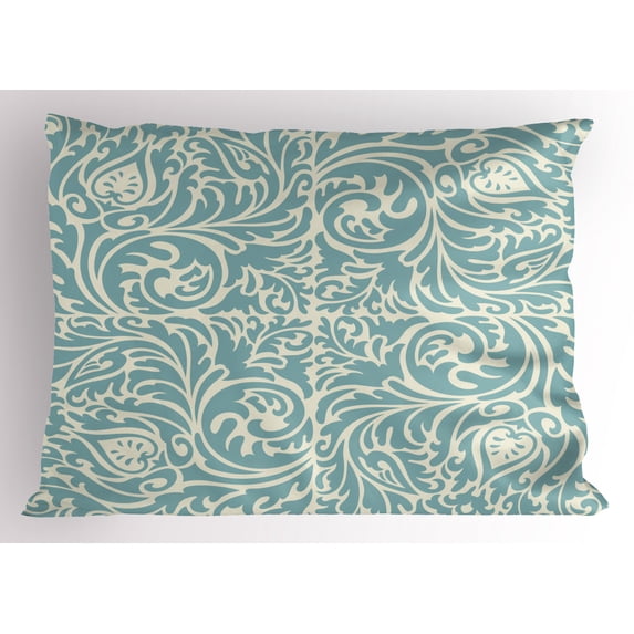 Ambesonne Blue and Beige Pillow Sham, Vintage Floral Curls, 26" X 20", Pale Blue and Beige