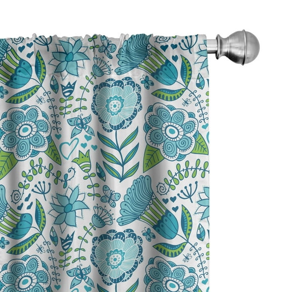 Ambesonne Blue and Green Curtains, Flora Nature Flower, Pair of 28"x63", Blue Apple Green White