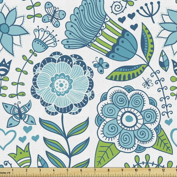 Ambesonne Blue and Green Fabric by the Yard Upholstery, Flora Nature Flower, 5 Yards, Blue Apple Green White