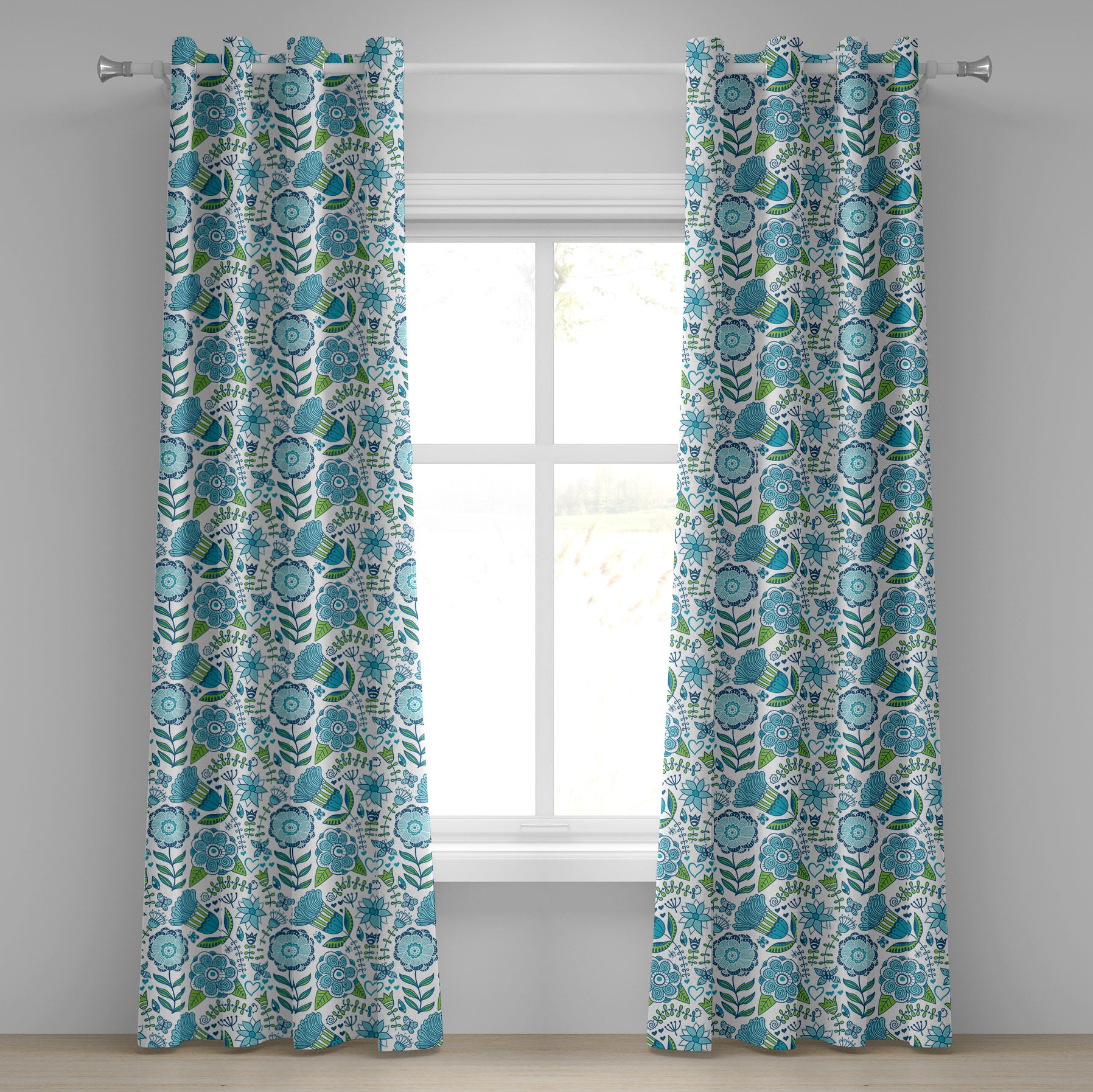 Ambesonne Blue and Green Grommet Curtain, Flora Nature Flower, 50" x 84