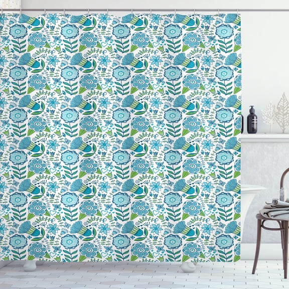 Ambesonne Blue and Green Shower Curtain, Flora Nature Flower, 69"Wx75"L, Blue Apple Green White