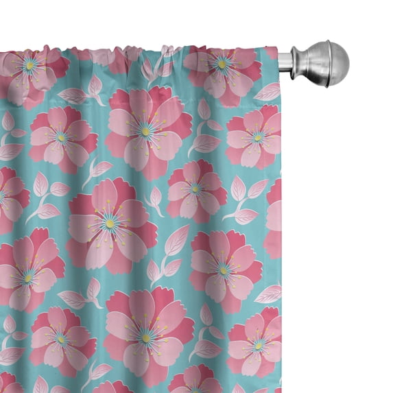 Ambesonne Blue and Pink Window Curtains, 3d Sakura Flowers, Each 28" W x 95" L, Sea Blue Pink