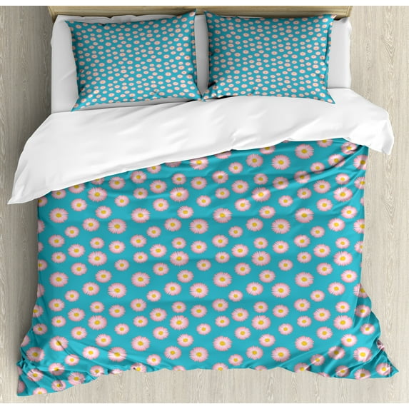 Ambesonne Blue and Pink Duvet Cover Set, Delicate Flower Petal, Calking, Sea Blue Earth Yellow