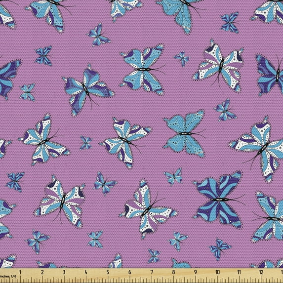 Ambesonne Blue and Pink Fabric by the Yard Upholstery, Butterflies in Spring, 10 Yards, Multicolor