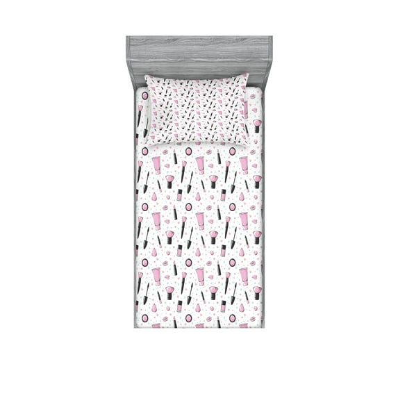 Ambesonne Blue and Pink Fitted Sheet & Pillow Sham Set, Makeup Supplies, Twin, Pale Pink Charcoal Grey