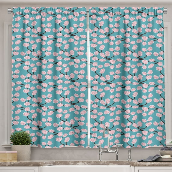Ambesonne Blue and Pink Kitchen Curtains, Cherry Blossom, 55"x45", Sea Blue Brown Pale Pink