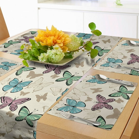 Ambesonne Blue and Pink Table Runner & Placemats, Vintage Butterflies, Placemat 4 pcs + Runner 14"x72", Eggshell Multicolor
