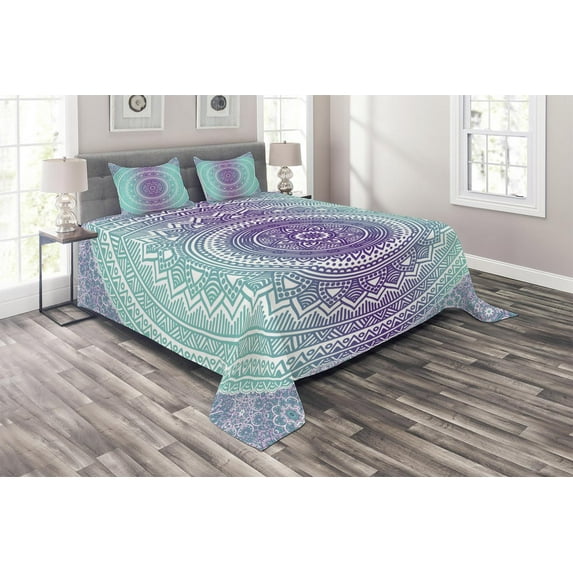 Ambesonne Blue and Purple Quilted Coverlet 3 Pcs, Hippie Mandala, Queen Size, Purple