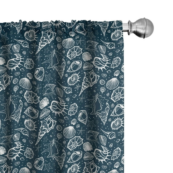 Ambesonne Blue and White Curtains, Sea Shells Art, Pair of 28"x84", Dark Blue and White
