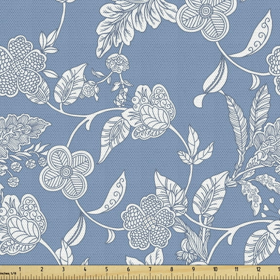 Ambesonne Blue and White Fabric by the Yard Upholstery, Garden Flower Motif, 2 Yards, Blue White