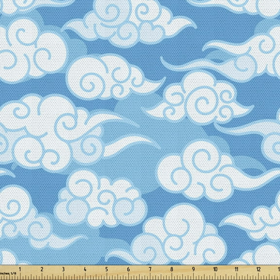 Ambesonne Blue and White Fabric by the Yard Upholstery, Japanese Cloud Motif, 10 Yards, Azure Blue Pale Blue
