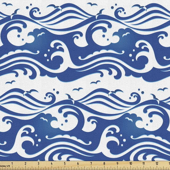 Ambesonne Blue and White Fabric by the Yard Upholstery, Swirling Ocean Waves, 2 Yards, Blue and White