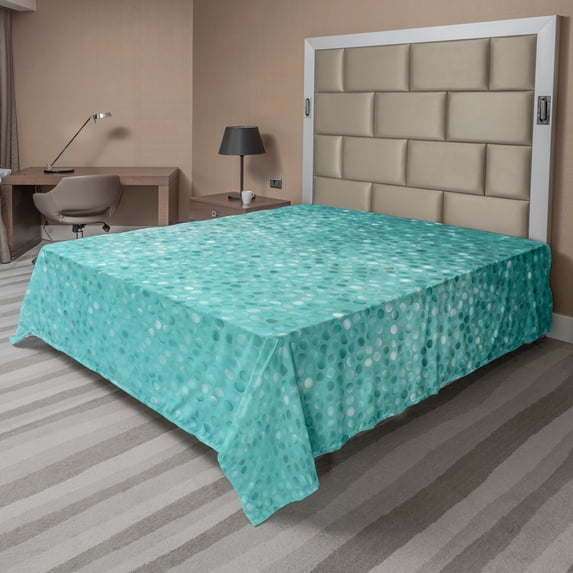 Ambesonne Blue and White Flat Sheet, Polka Dot Pattern, California King, Turquoise Seafoam