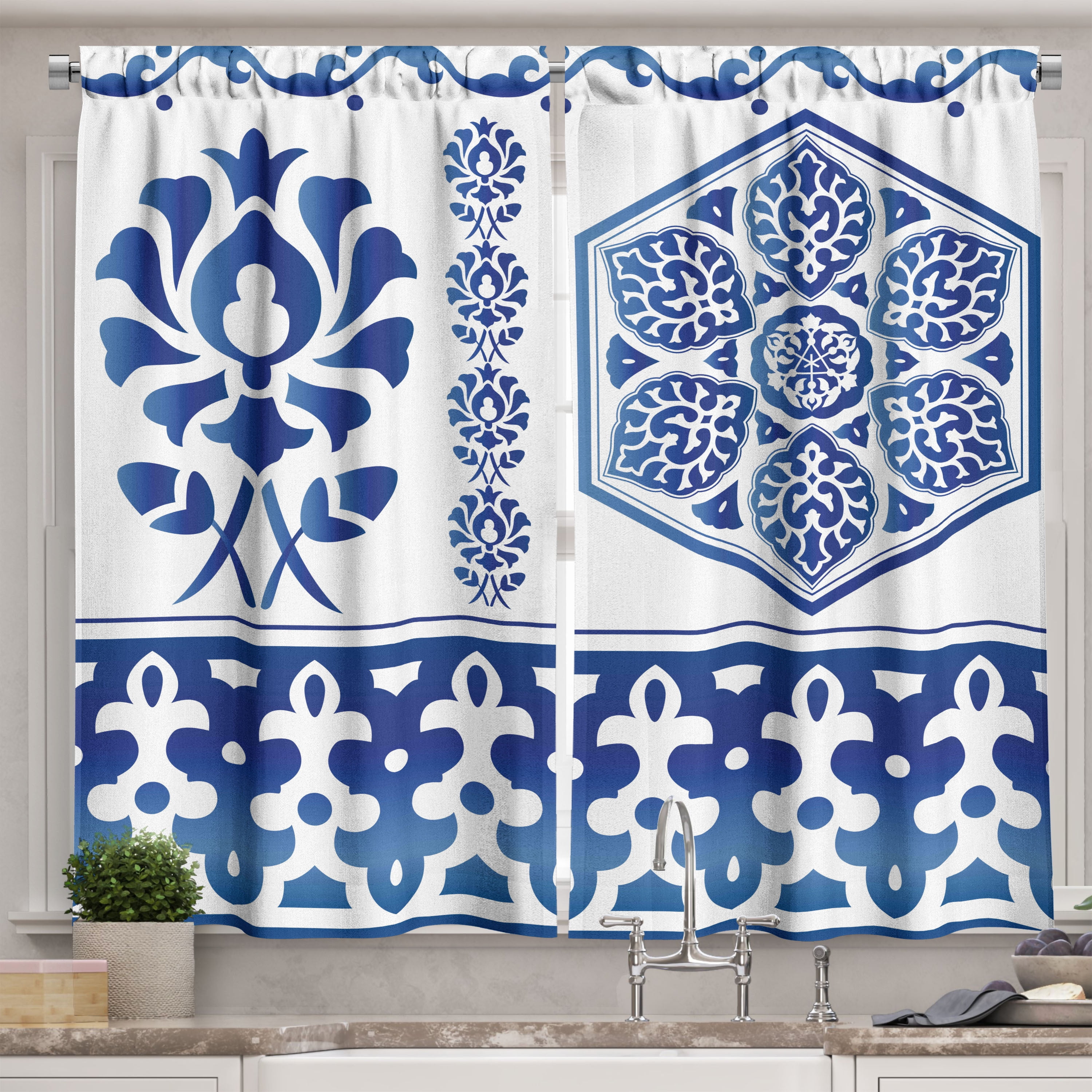 Ambesonne Blue and White Kitchen Curtains, Ethnic Folk Florals, 55"x39 ...