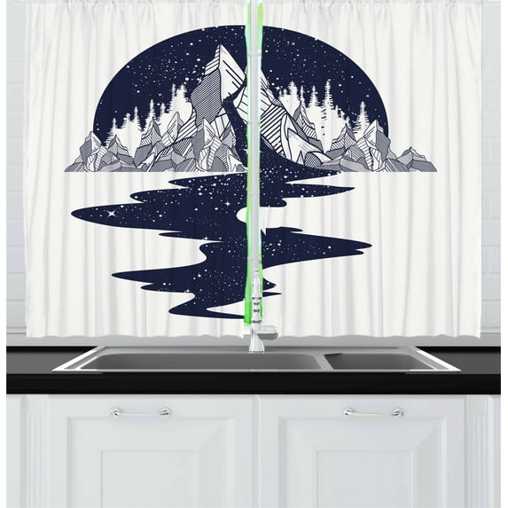 Ambesonne Blue and White Kitchen Curtains, Mountain River, 55"x45", Dark Blue and White