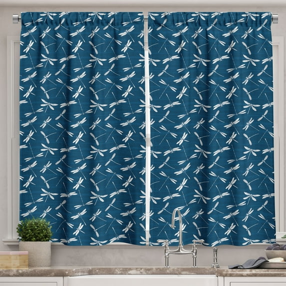Ambesonne Blue and White Kitchen Curtains, Winged Animals, 55"x39", Dark Blue and White