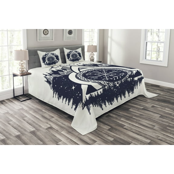 Ambesonne Blue and White Quilted Bedspread Set 3 Pcs, Celtic Knot Tridents, Queen Size, Dark Blue White