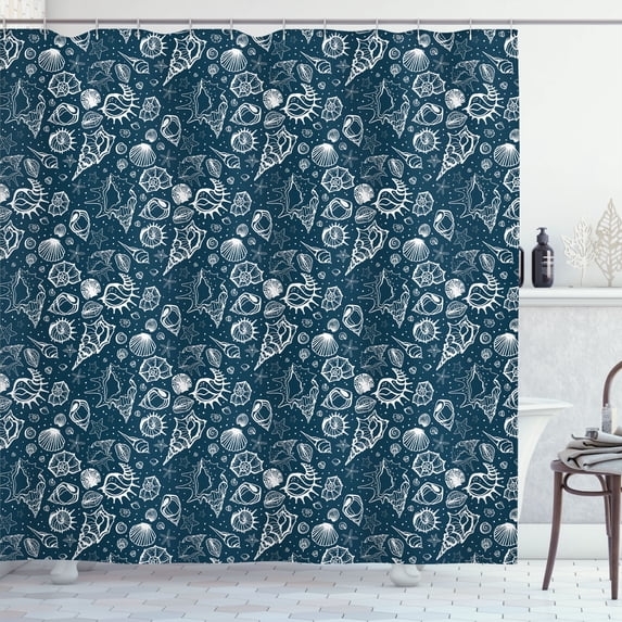 Ambesonne Blue and White Shower Curtain, Sea Shells Art, 69"Wx70"L, Dark Blue and White