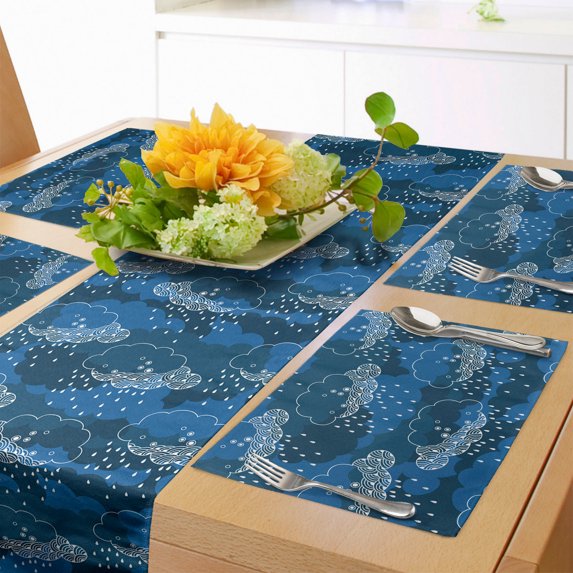 Ambesonne Blue and White Table Runner & Placemats, Rain Clouds Art, Placemat 4 pcs + Runner 12"x72", Blue Dark Blue