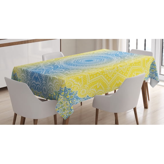Ambesonne Blue and Yellow Tablecloth Rectangular Table Cover, Hippie Ombre, 52"x70", Blue Yellow