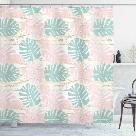 Ambesonne Blush Pink Shower Curtain, Bicolour Monstera Leaves, 69"Wx84"L, White and Multicolor