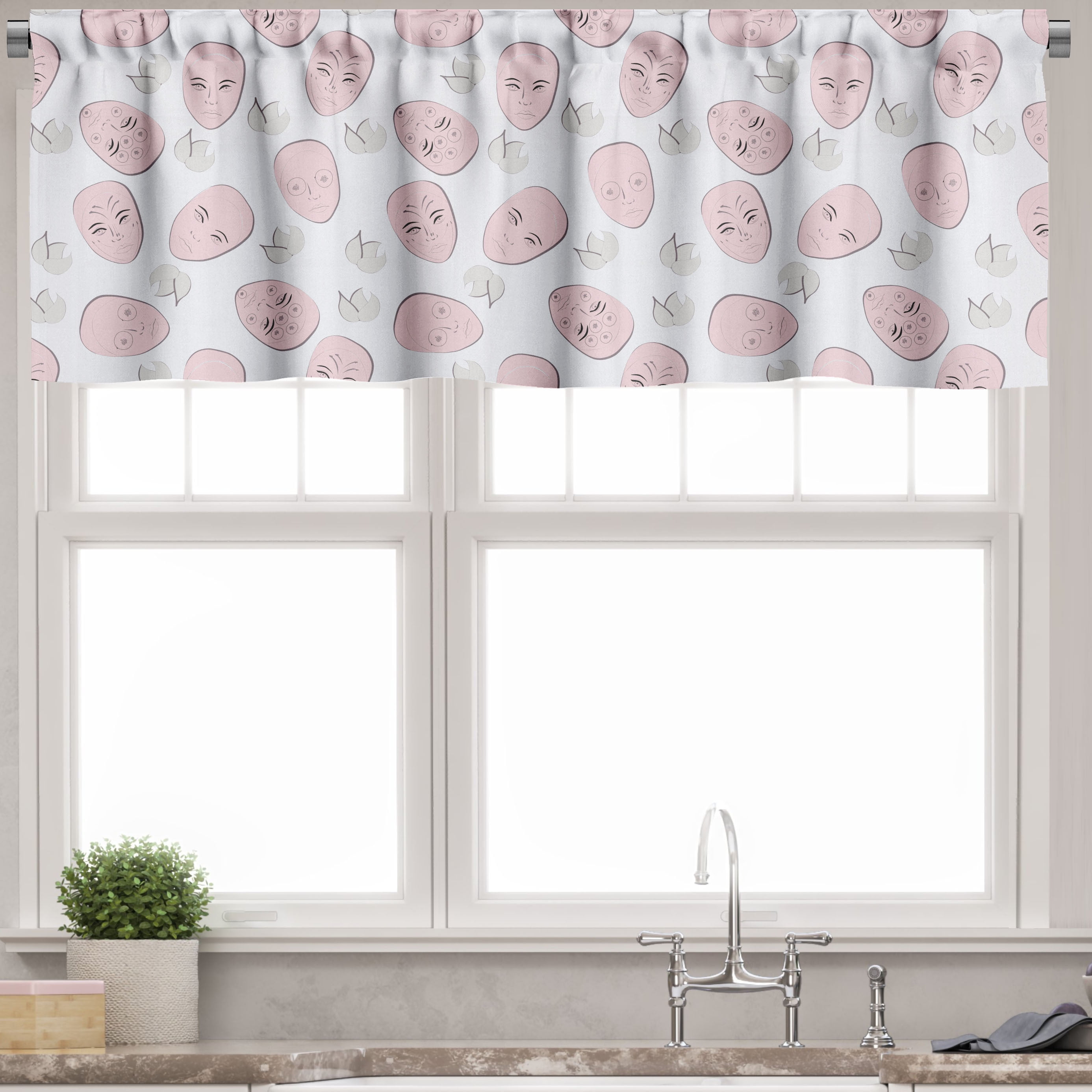 Ambesonne Blush Pink Valance Pack of 2, Spa Faces Sketch, 54"X18", Pale