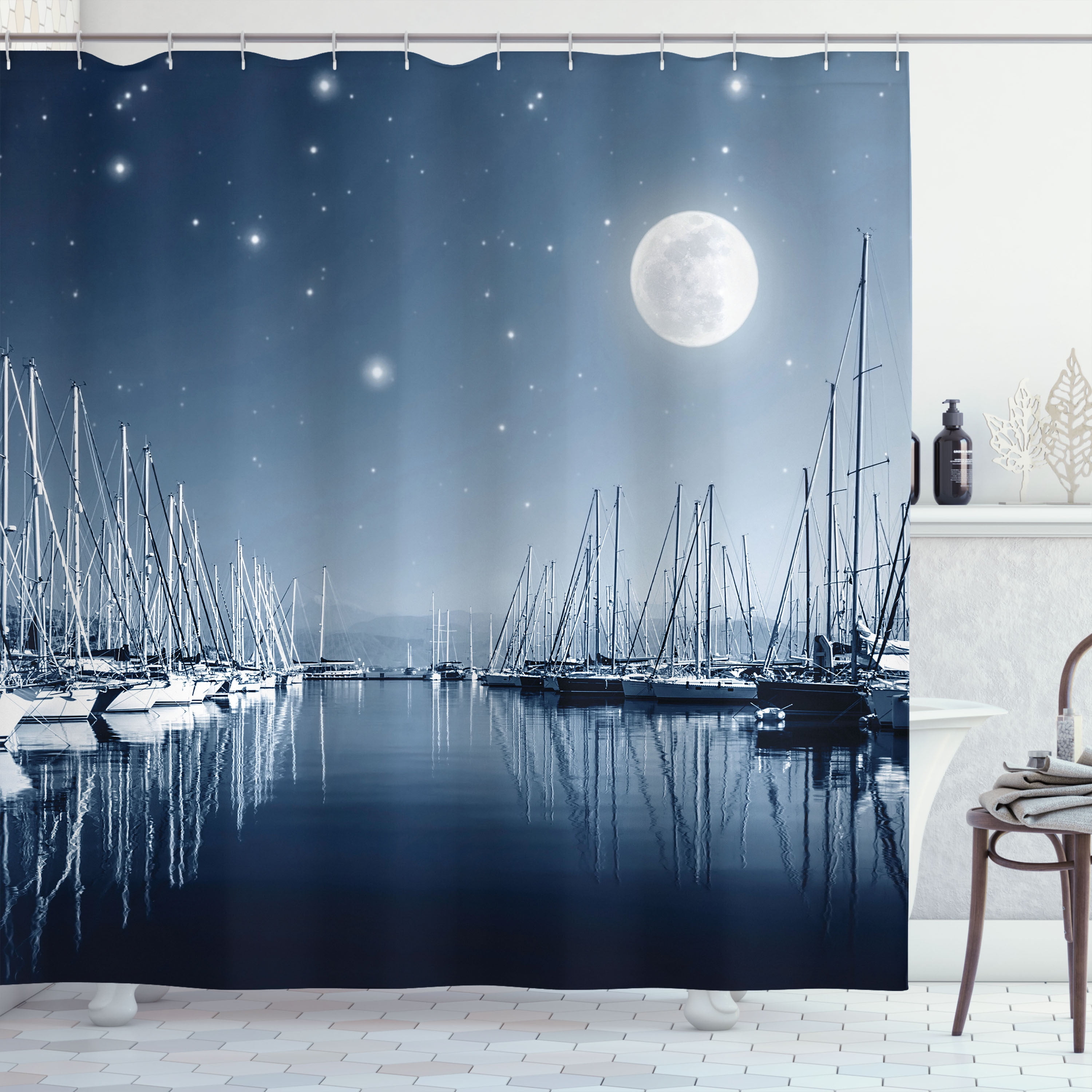 Slate Blue and White Marina Night Scene Fabric Shower Curtain