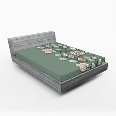 Ambesonne Bohem Fitted Sheet, Flowers and Leaves Graphic, Queen Size, Green Reseda Green