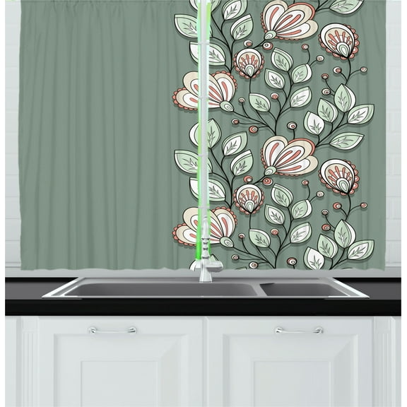 Ambesonne Bohem Kitchen Curtains, Flowers and Leaves Graphic, 55"x39", Green Reseda Green