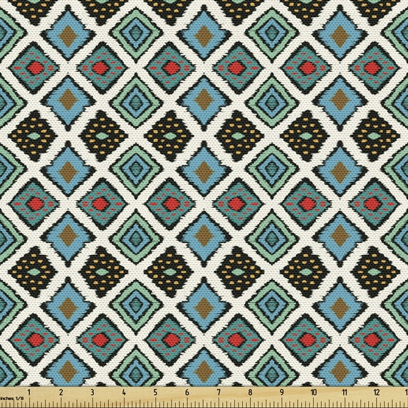 Ambesonne Bohemian Art Fabric by the Yard Upholstery, Tribal Ethnic Aztec, 2 Yards, Ivory Teal Dark Coral