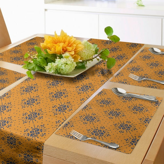 Ambesonne Bohemian Art Table Runner & Placemats, Snow Flakes Indigenous, Placemat 4 pcs + Runner 14"x72", Orange Dark Lavender